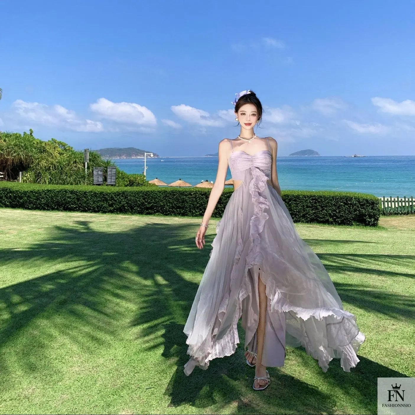 Mesh Ruffle Flared Maxi Dress - Fashionnsio