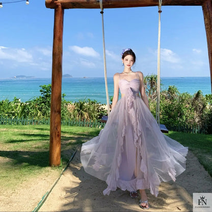 Mesh Ruffle Flared Maxi Dress - Fashionnsio