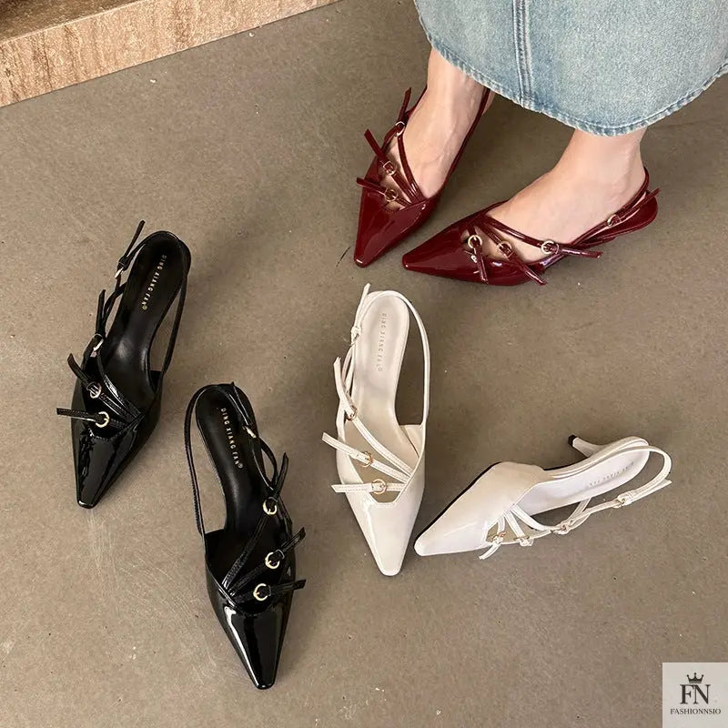 Metal Buckle Strap Pointed Heels - Fashionnsio