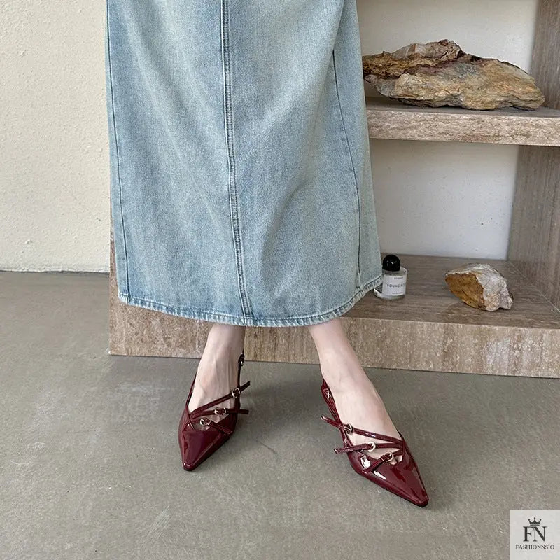 Metal Buckle Strap Pointed Heels - Fashionnsio
