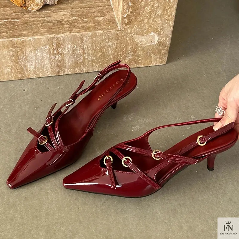 Metal Buckle Strap Pointed Heels - Fashionnsio