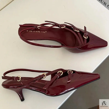 Metal Buckle Strap Pointed Heels - Fashionnsio