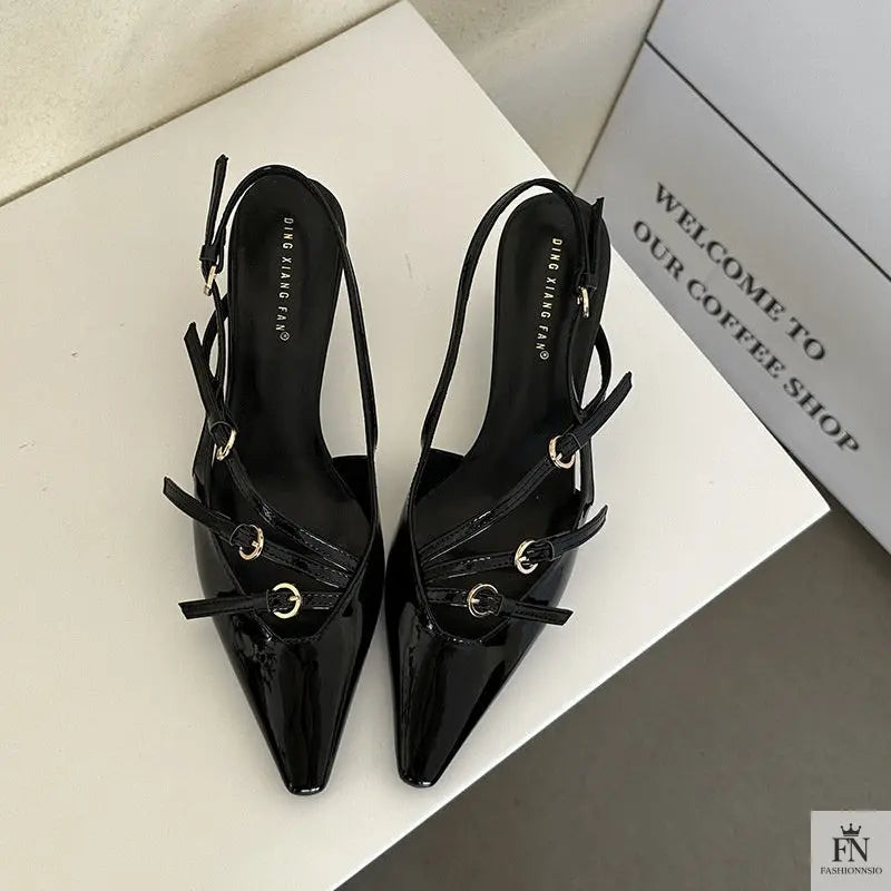 Metal Buckle Strap Pointed Heels - Fashionnsio