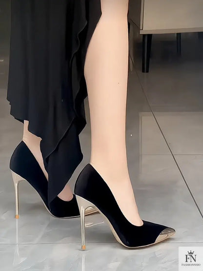 Metallic Gold Stiletto Pointed Heels - Fashionnsio