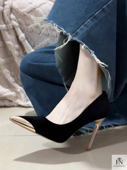 Metallic Gold Stiletto Pointed Heels - Fashionnsio