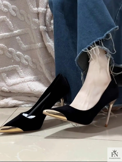 Metallic Gold Stiletto Pointed Heels - Fashionnsio