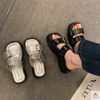 Metallic Straps Platform Flat Sandals - Fashionnsio