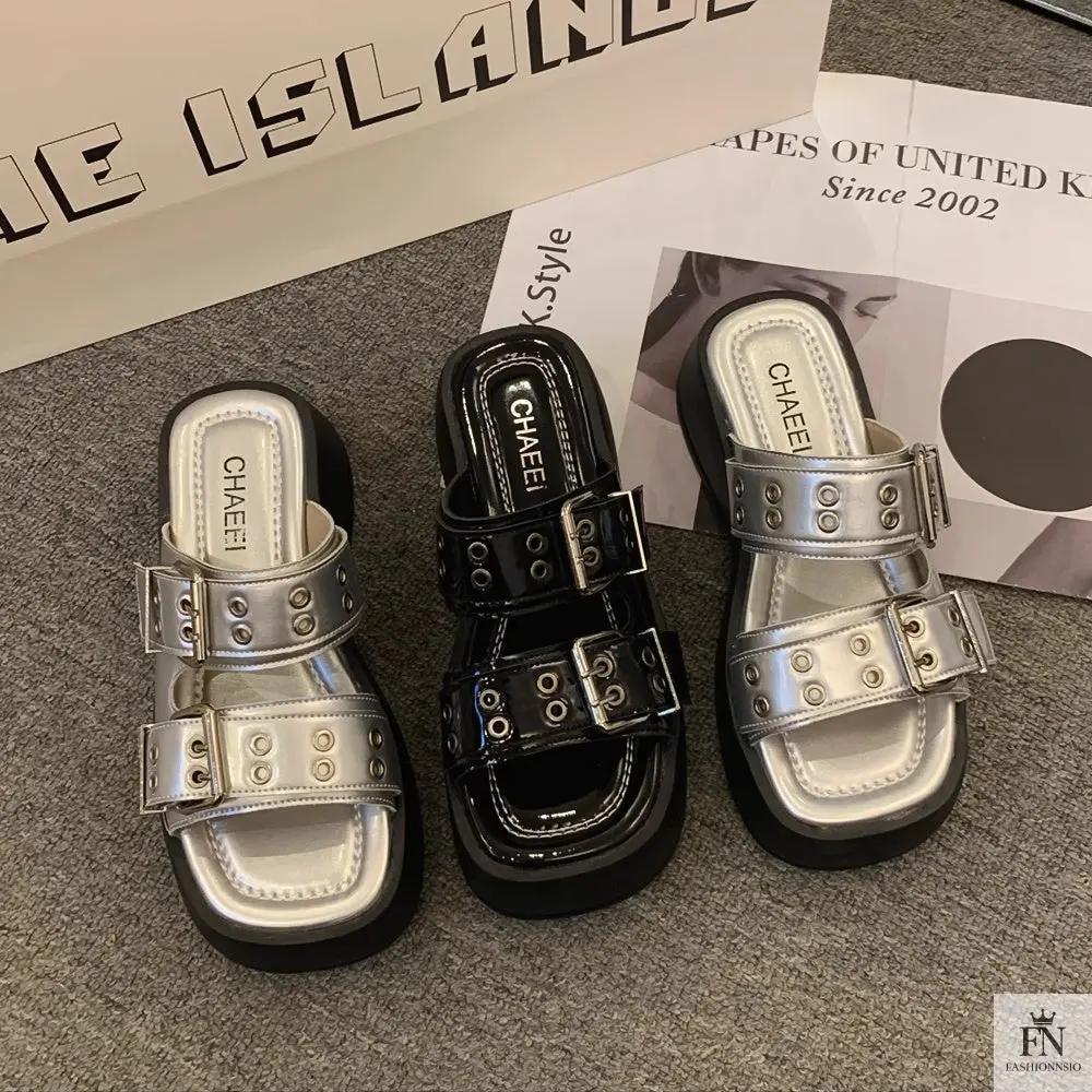 Metallic Straps Platform Flat Sandals - Fashionnsio