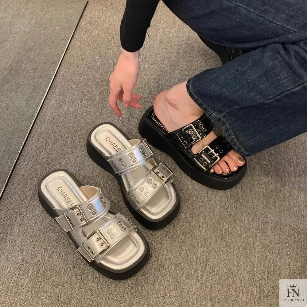 Metallic Straps Platform Flat Sandals - Fashionnsio