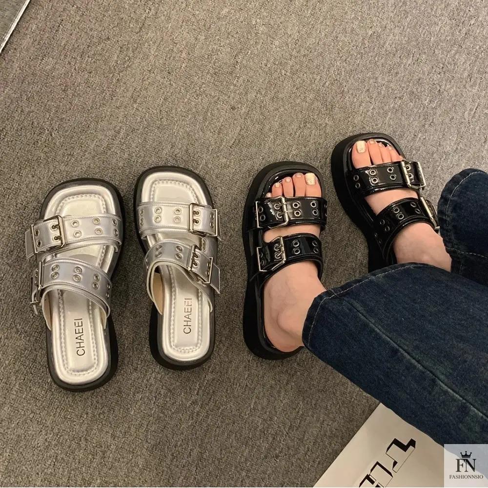 Metallic Straps Platform Flat Sandals - Fashionnsio