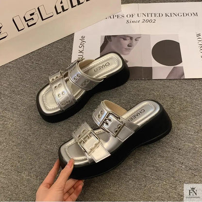 Metallic Straps Platform Flat Sandals - Fashionnsio