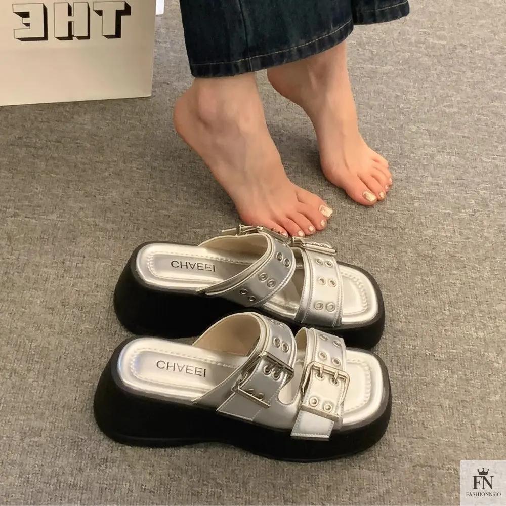 Metallic Straps Platform Flat Sandals - Fashionnsio