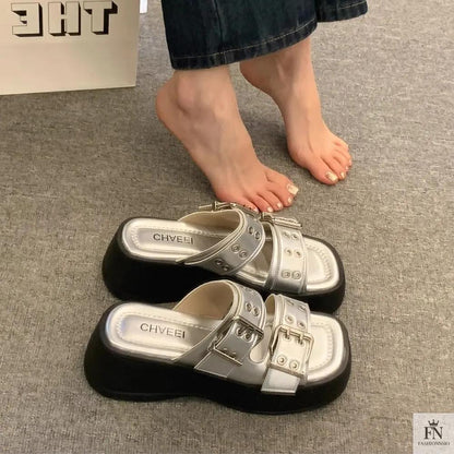 Metallic Straps Platform Flat Sandals - Fashionnsio