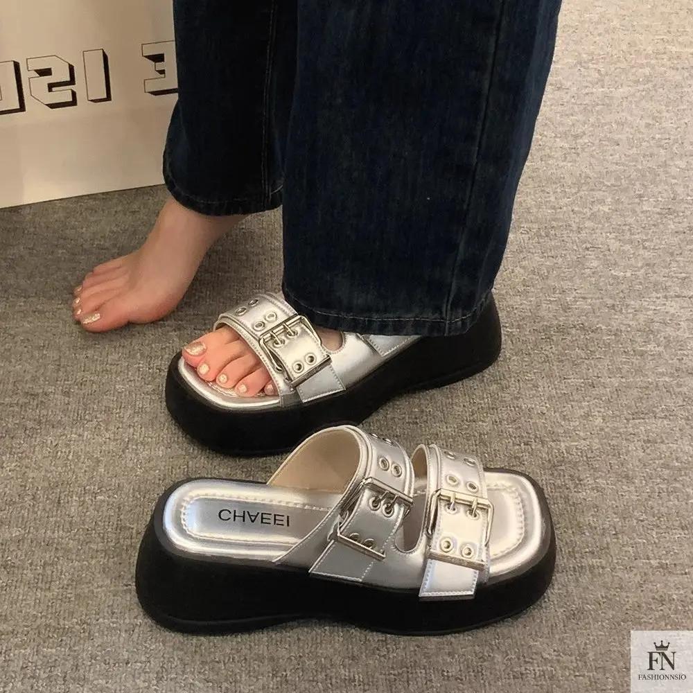 Metallic Straps Platform Flat Sandals - Fashionnsio
