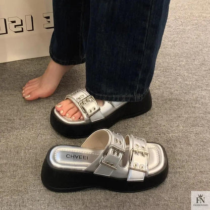 Metallic Straps Platform Flat Sandals - Fashionnsio