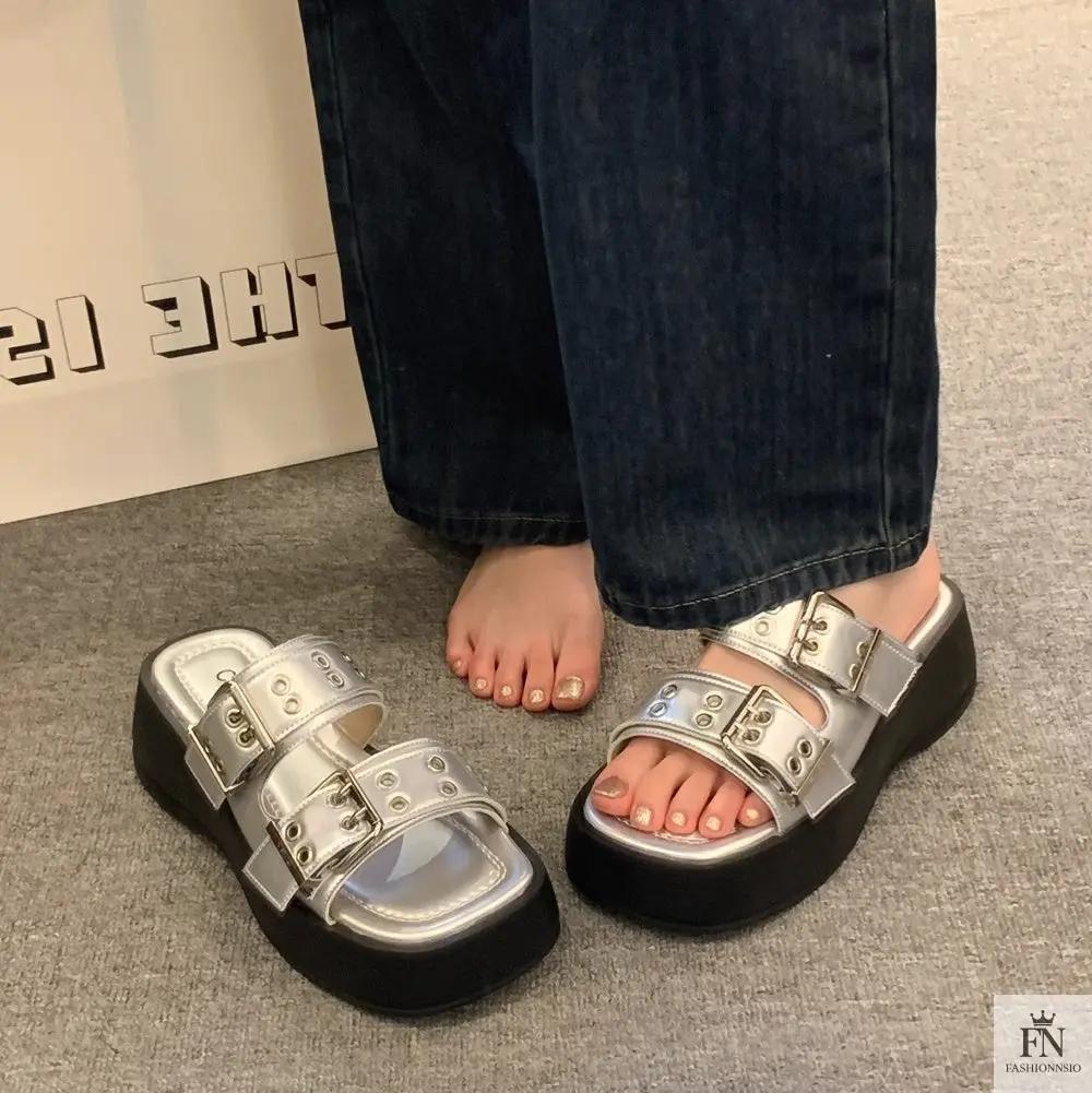 Metallic Straps Platform Flat Sandals - Fashionnsio