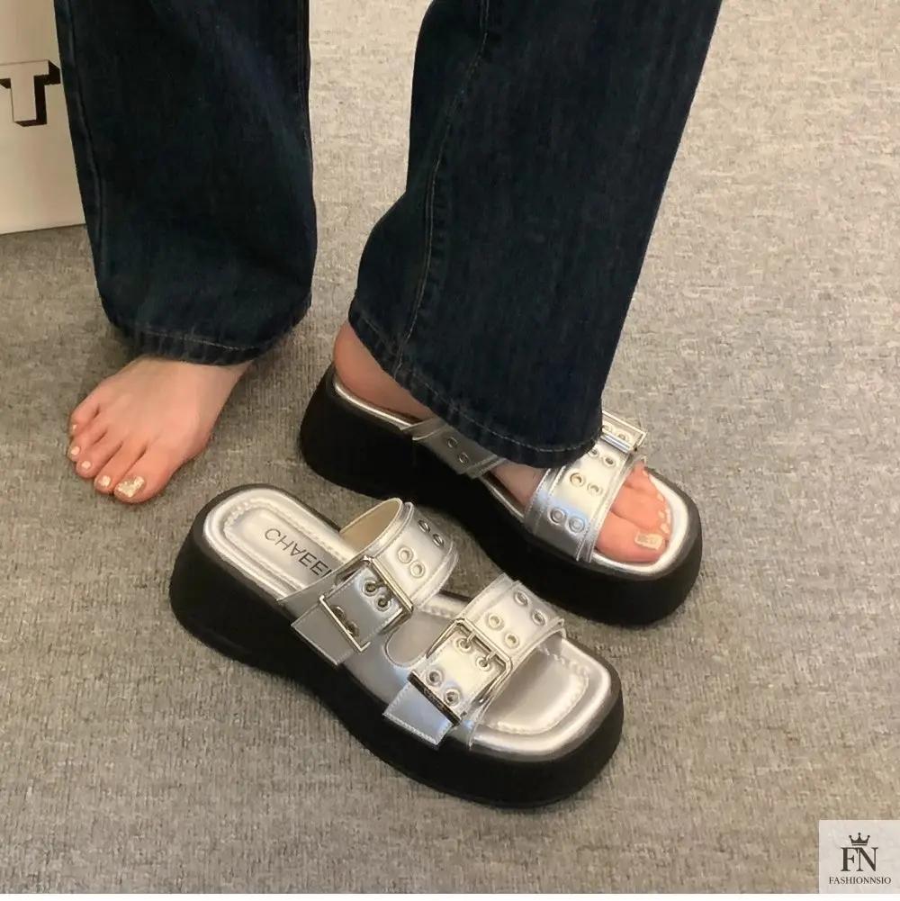 Metallic Straps Platform Flat Sandals - Fashionnsio