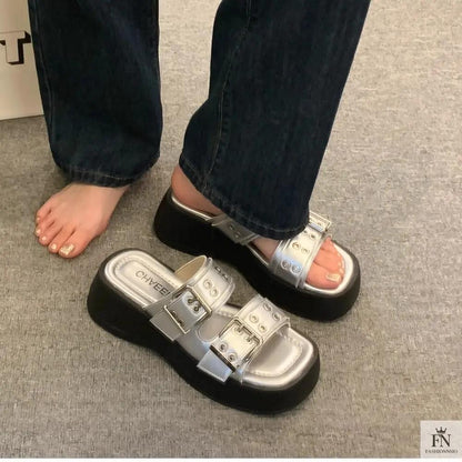 Metallic Straps Platform Flat Sandals - Fashionnsio
