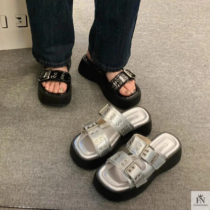 Metallic Straps Platform Flat Sandals - Fashionnsio