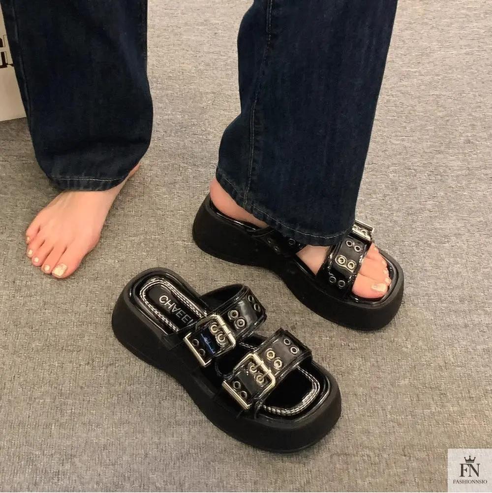 Metallic Straps Platform Flat Sandals - Fashionnsio
