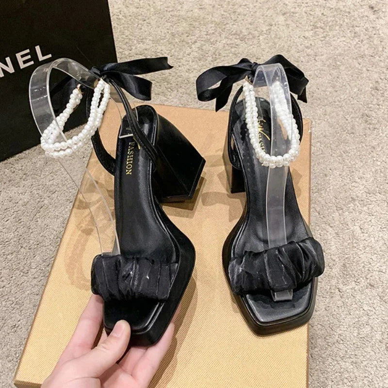 Bow Ribbon Pearl Chunky Heels