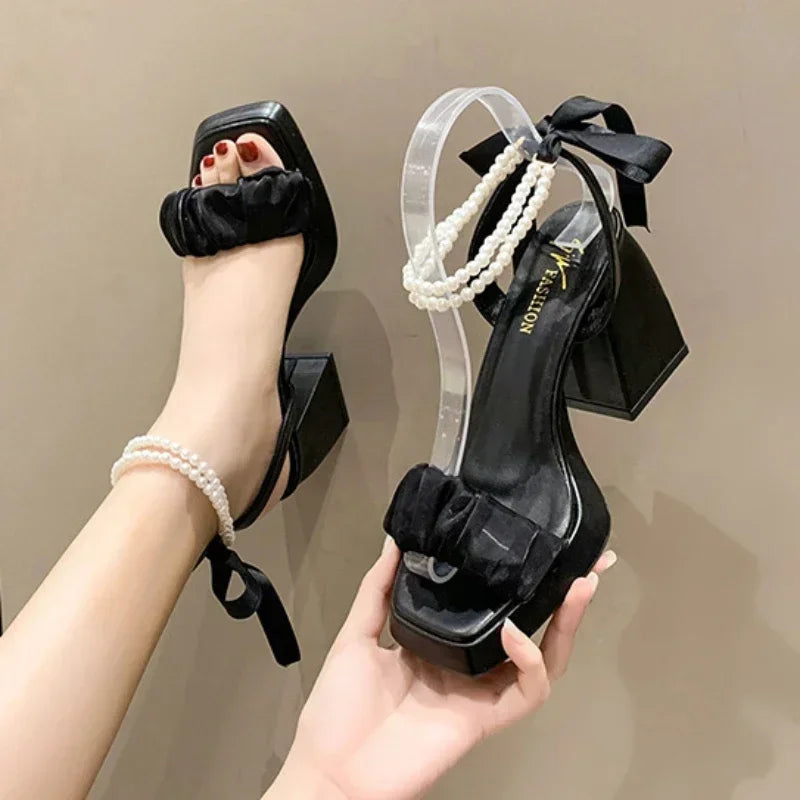 Bow Ribbon Pearl Chunky Heels