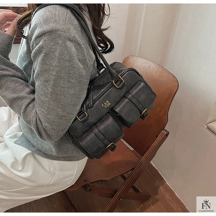 Multi Pocket Glossy Vintage Shoulder Bags - Fashionnsio