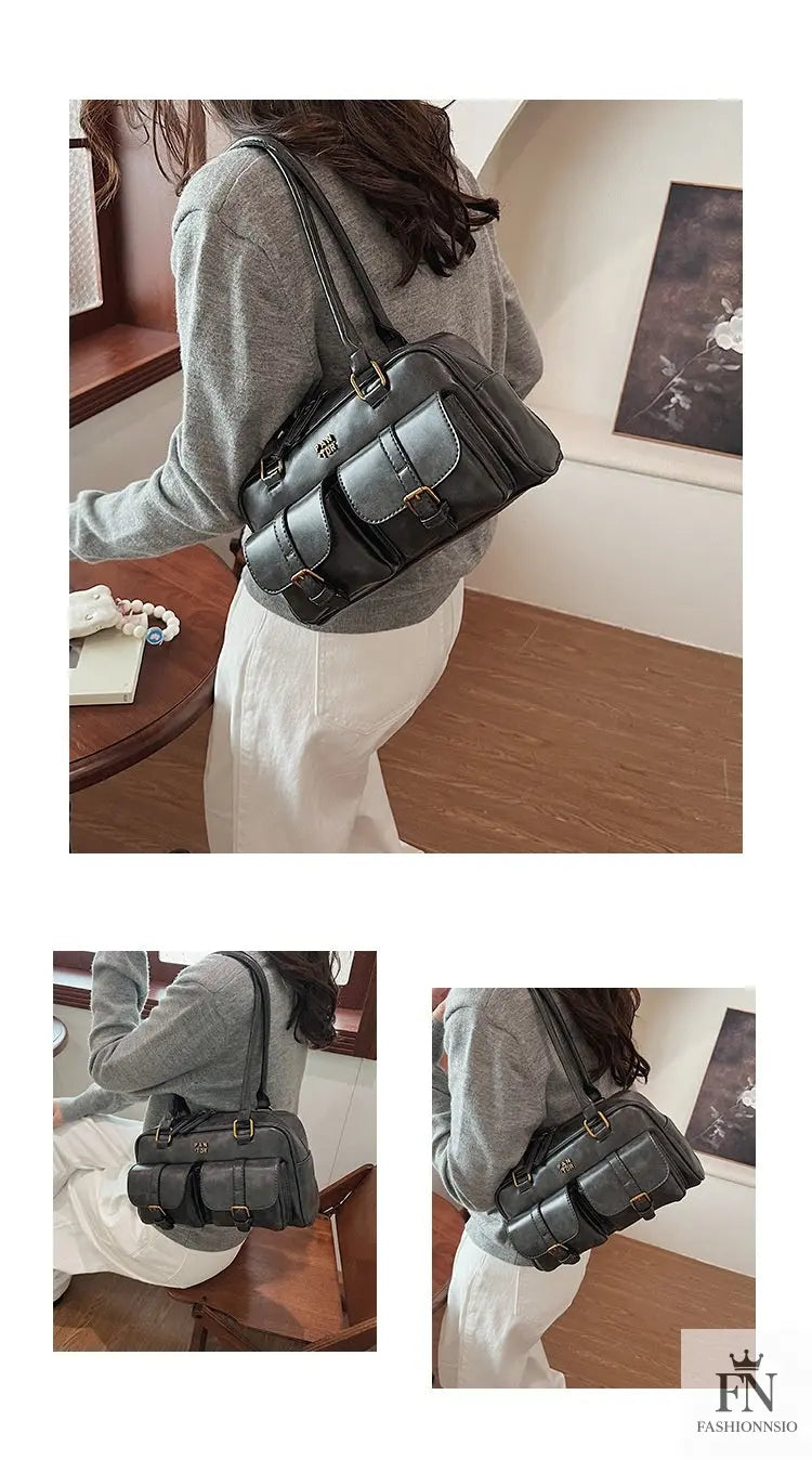 Multi Pocket Glossy Vintage Shoulder Bags - Fashionnsio