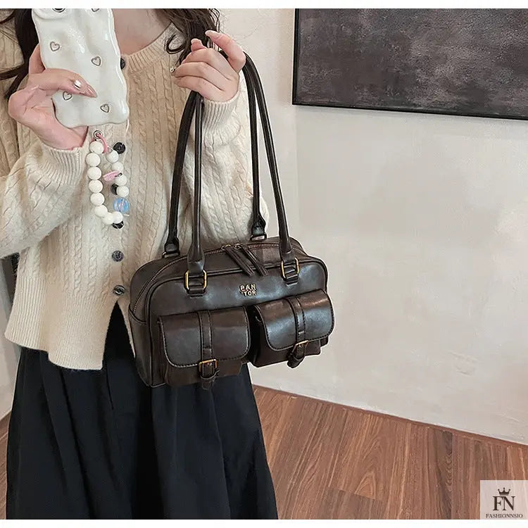 Multi Pocket Glossy Vintage Shoulder Bags - Fashionnsio
