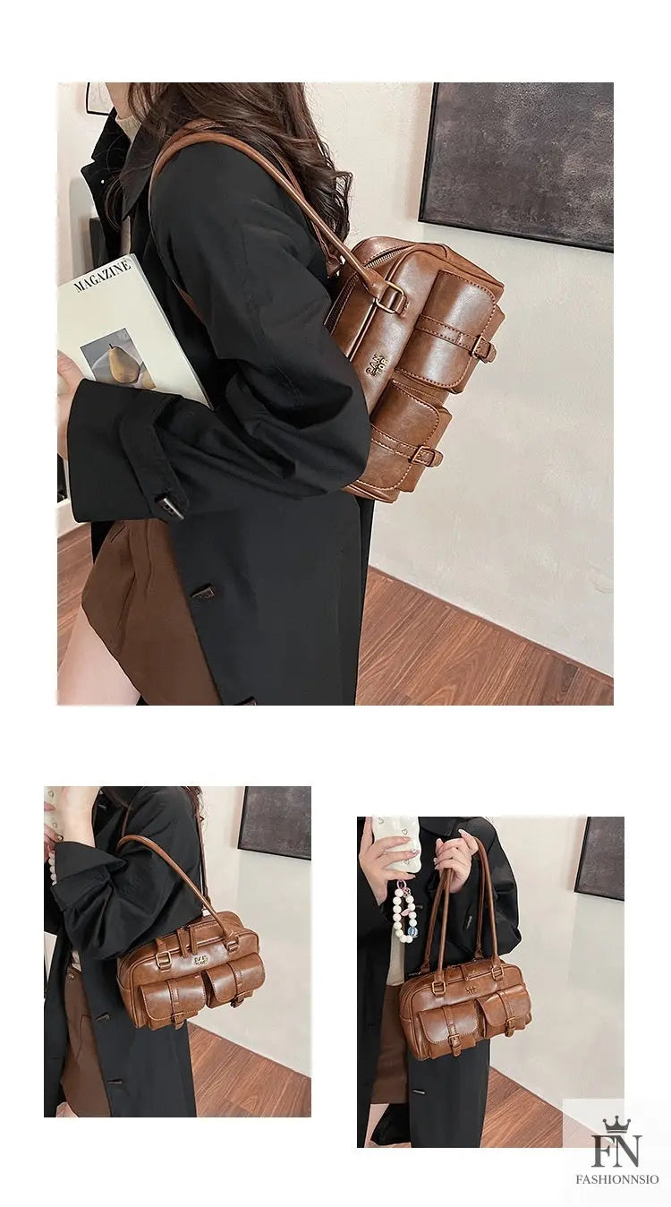 Multi Pocket Glossy Vintage Shoulder Bags - Fashionnsio