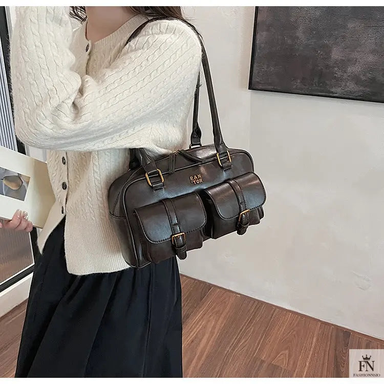 Multi Pocket Glossy Vintage Shoulder Bags - Fashionnsio