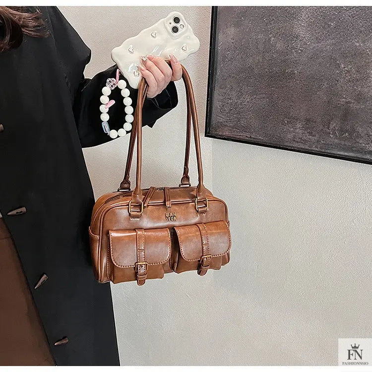 Multi Pocket Glossy Vintage Shoulder Bags - Fashionnsio