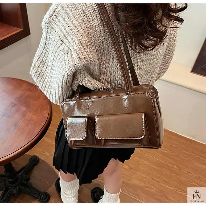 Multi-pocket Pillow Glossy Shoulder Bags - Fashionnsio