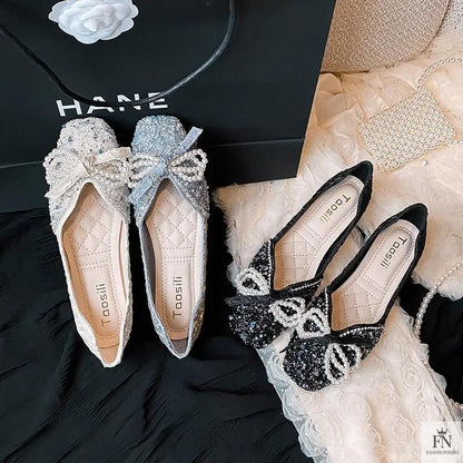 Cinderella Pearl Bow Flats - Fashionnsio
