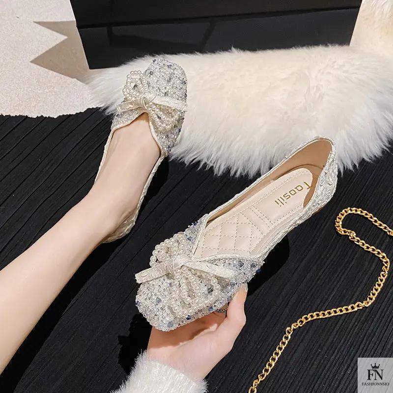 Cinderella Pearl Bow Flats - Fashionnsio