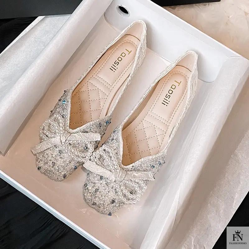 Cinderella Pearl Bow Flats - Fashionnsio