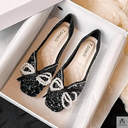 Cinderella Pearl Bow Flats - Fashionnsio