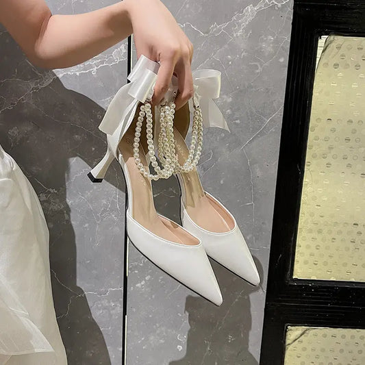 Pearl Chain Ribbon Bow Pointed Heels fashionnsio