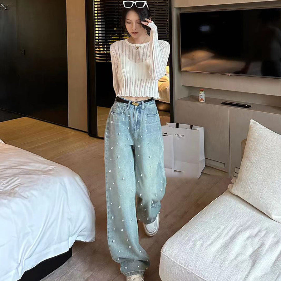 Pearl Embellish Wide Leg Jeans - Fashionnsio