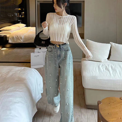 Pearl Embellish Wide Leg Jeans - Fashionnsio