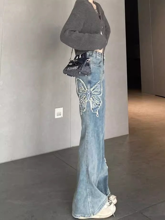 Lace Butterfly Wide Leg Jeans - Fashionnsio