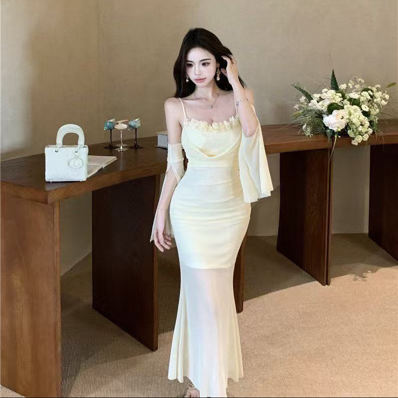 Floral Mesh Long Bodycon Dress - Fashionnsio