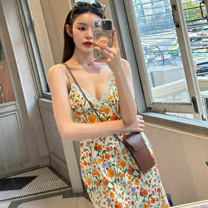 Floral Printed Backless Lace Dress