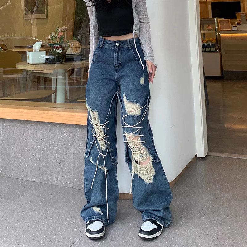 Ripped Lace-up Wide Jeans - Fashionnsio