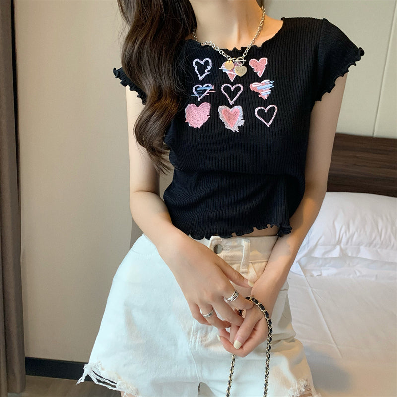 Heart Ruffle Knitted T-shirt Top