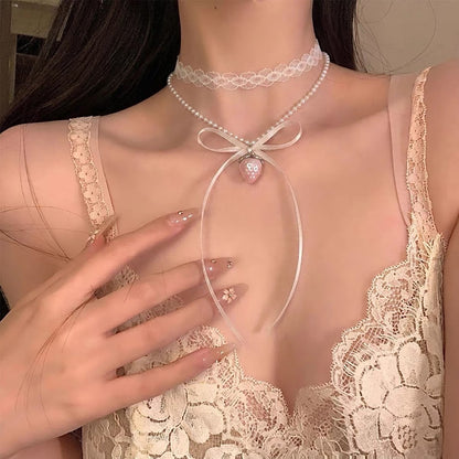 Strawberry Lace Bow Choker - Fashionnsio
