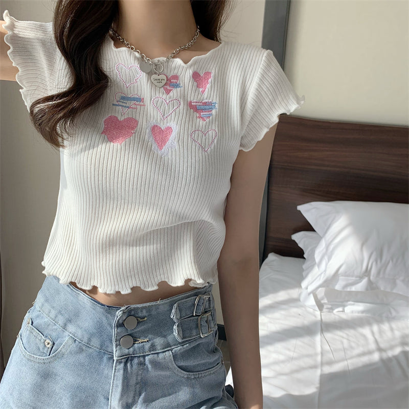 Heart Ruffle Knitted T-shirt Top