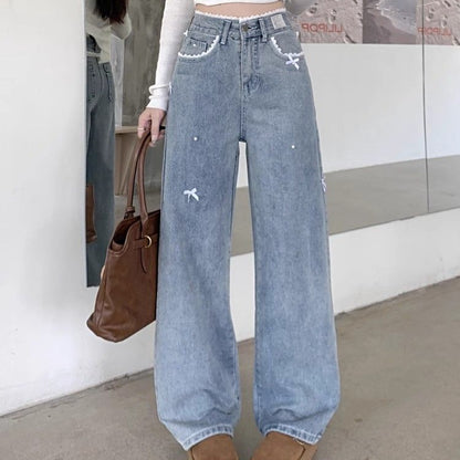 Denim Bow Lace Jeans - Fashionnsio