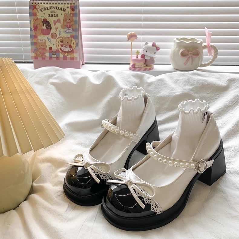 Pearl Strap Bow Chunky Heels - Fashionnsio