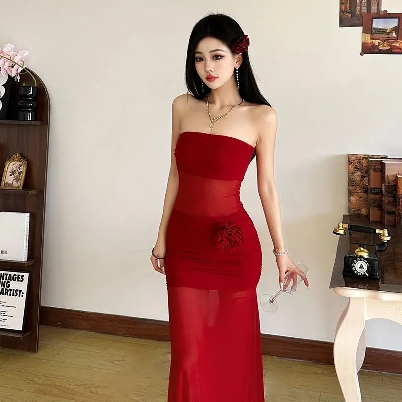 Floral Tube Mesh Long Dress - Fashionnsio
